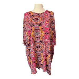 EUC LulaRoe pink, green & yellow paisley hi-low short sleeve top | size XL